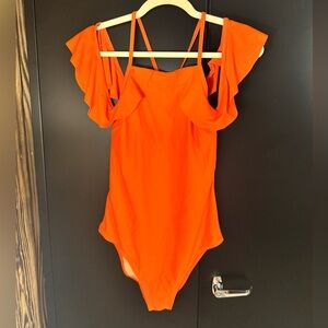 Orange Ruffled Off The Shoulder One-Piece Swimsuit